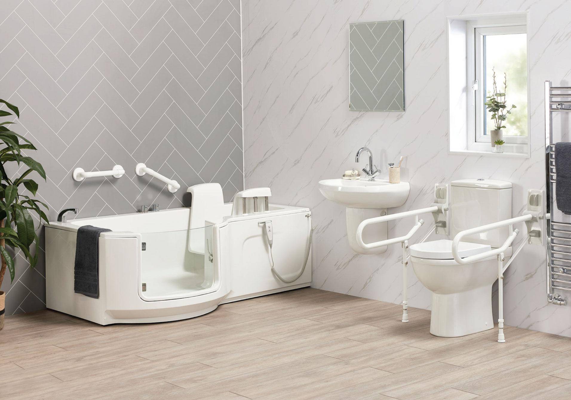 Walk-in bath with easy-access door and seat