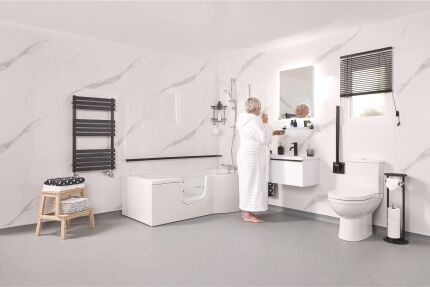 Modern accessible bathroom with a walk-in bath