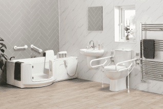 Walk-in bath with a powered bath lift
