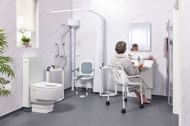 Care home wet room with accessible wash hand basin and user-friendly design
