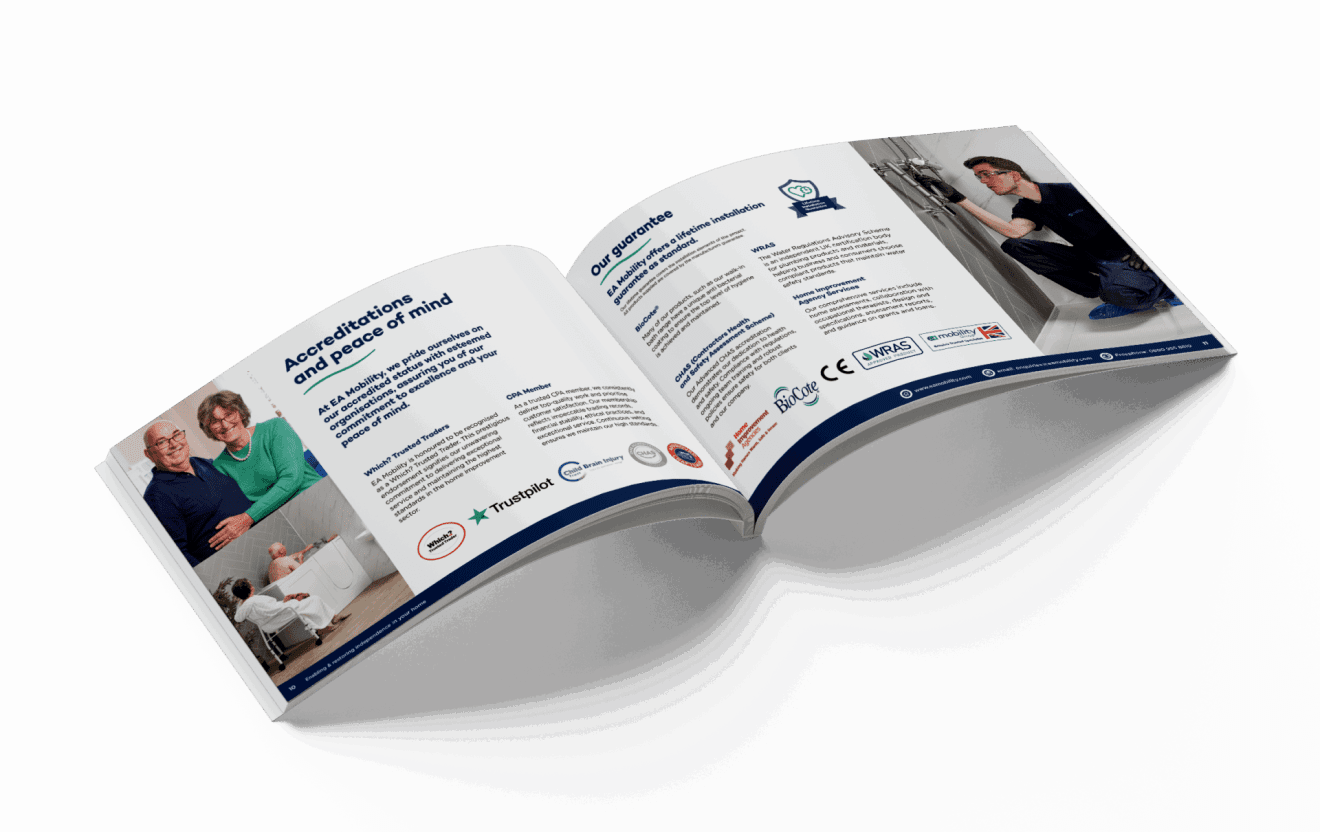 EA Mobility full-colour brochure showing assisted and independent bathing products