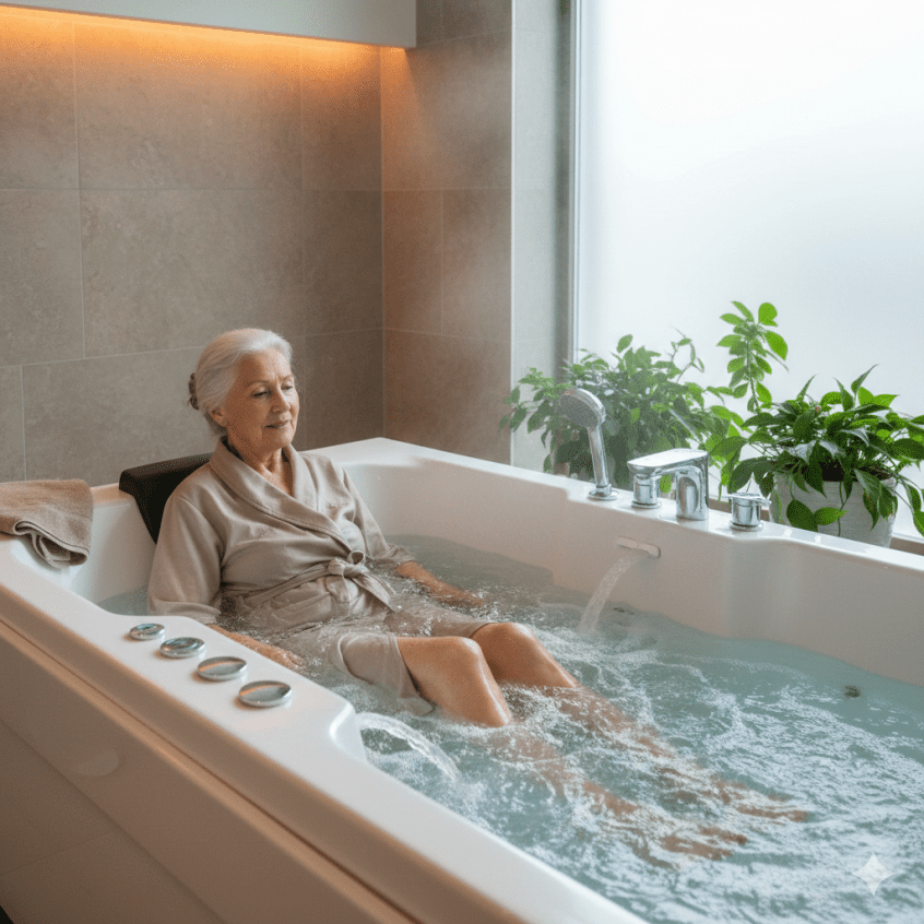 Elderly person enjoying hydrotherapy massage in accessible walk in bath for joint stiffness