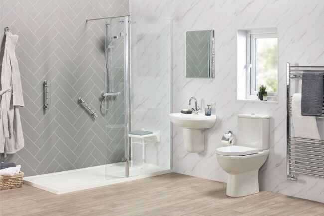 Low-level access walk-in shower with a small step, installed by EA Mobility