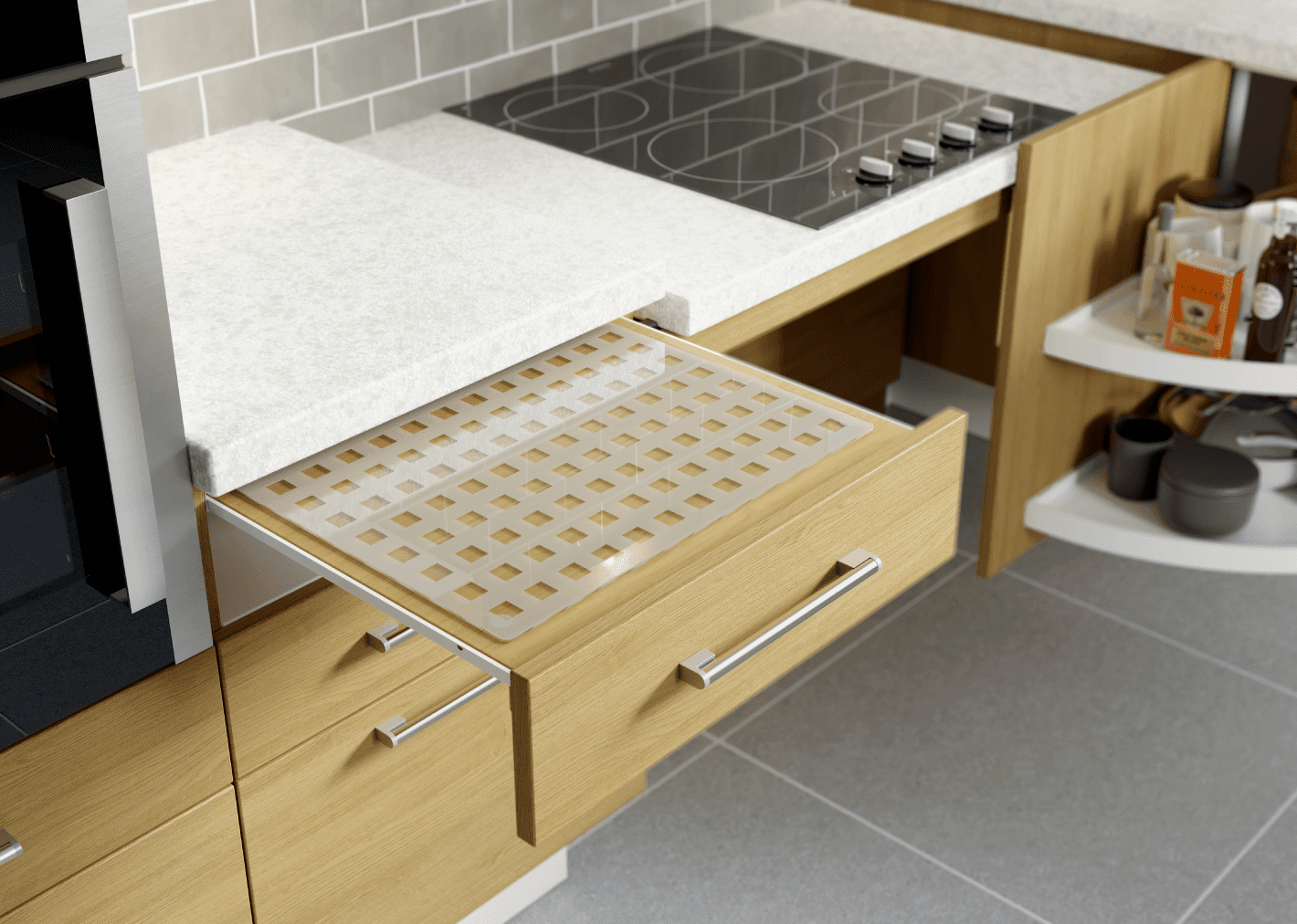Accessible kitchen cabinetry styles, colours and finishes with statement lighting