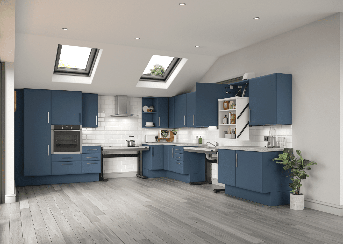 Kitchen designer discussing accessible kitchen layout with a client in a modern kitchen setting.