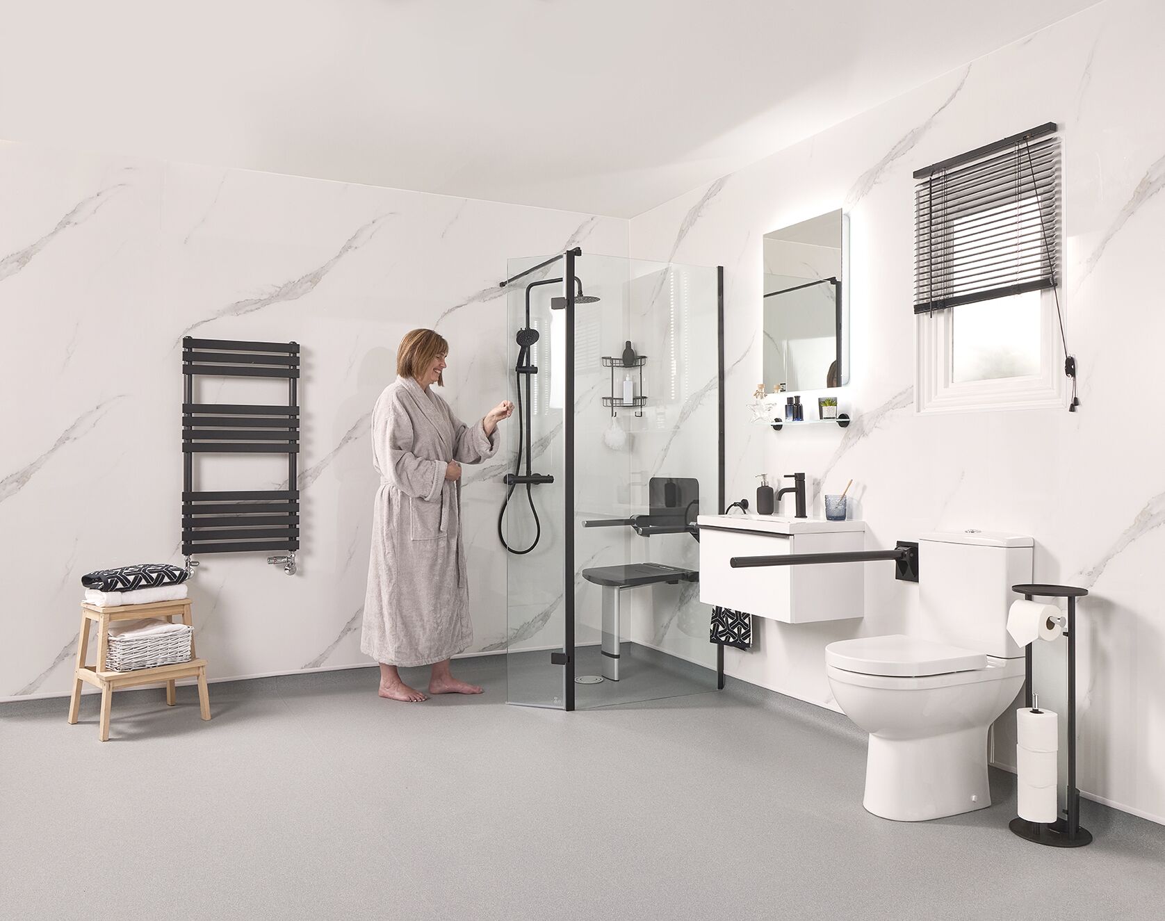 Level-access wet room replacing a standard bath