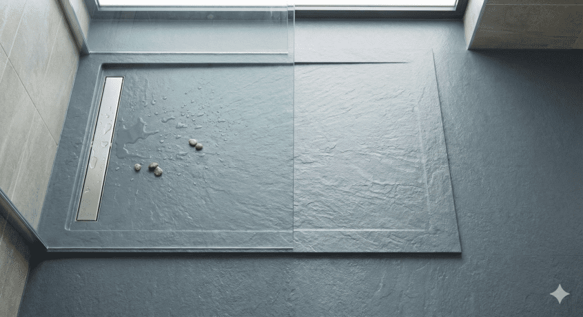 Top-down view of a grey slate-effect shower tray that perfectly matches the surrounding slate-effect flooring. The seamless colour and texture transition demonstrate the 'continuous flooring' technique, designed to trick the eye into thinking the bathroom floor area is larger than it is.