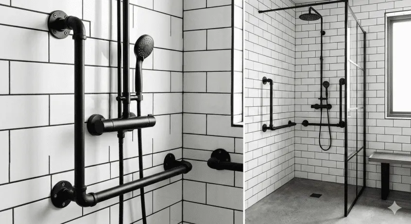 Modern matte black safety grab rails mounted on white subway tiles, creating high-contrast visibility for visually impaired users.