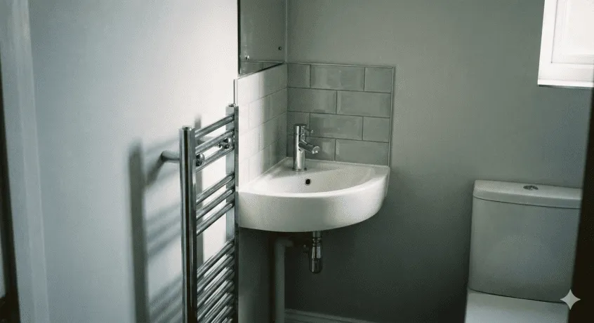 A compact white corner basin mounted in a small bathroom. The basin features a single monobloc mixer tap to maximize washing space and is tucked into the corner, allowing room for a chrome heated towel rail on the adjacent wall.