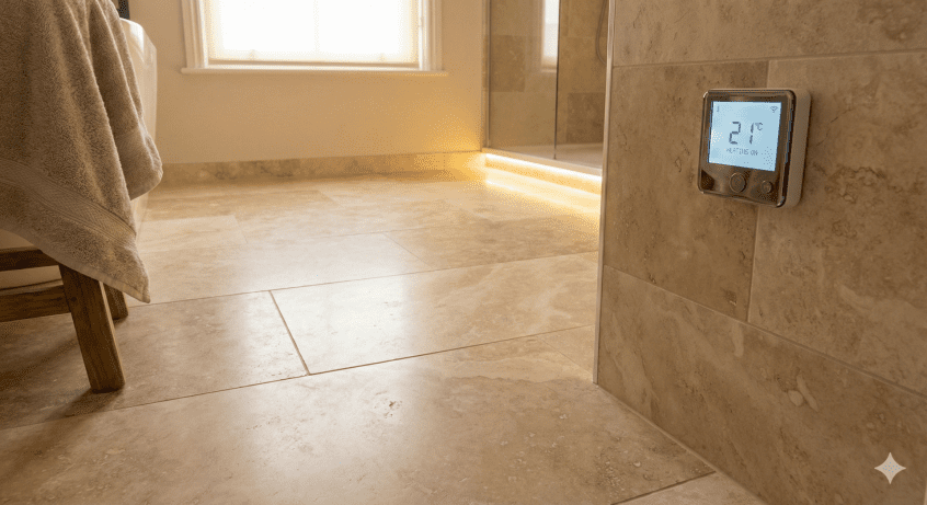 Low-angle view of a warm tiled bathroom floor with a digital thermostat on the wall reading 21°C. The image illustrates the use of underfloor heating as a space-saving alternative to radiators, keeping the walls clear and the floor dry.