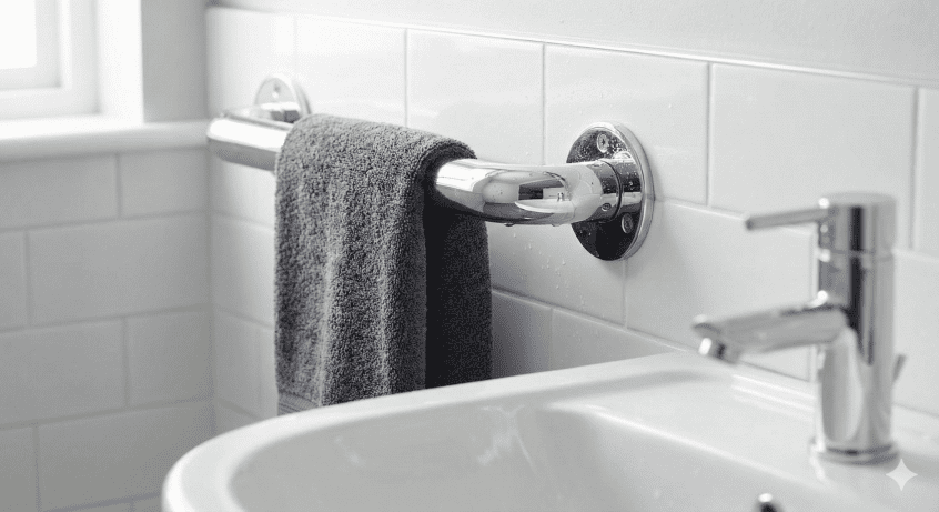Space-saving 2-in-1 chrome safety grab rail doubling as a towel holder in a small accessible bathroom.