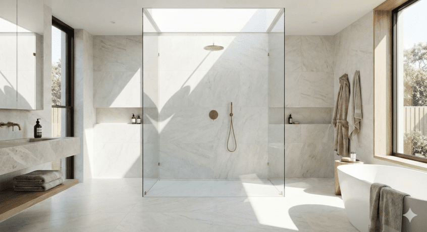 A luxury bathroom featuring a floor-to-ceiling frameless glass shower enclosure. The clear 'invisible' glass allows natural light to flow freely through the space without visual obstruction, demonstrating how frameless screens make a room feel larger and more open.