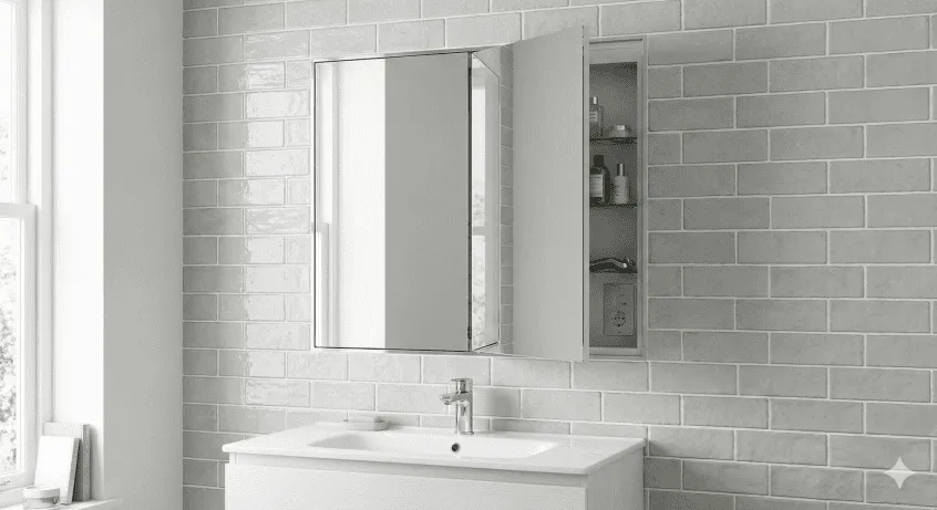 A bathroom mirror cabinet recessed flush into a grey subway-tiled wall above a white vanity unit. One mirrored door is open, revealing internal glass shelving and a built-in shaver socket, illustrating how to combine storage, lighting, and power without encroaching on room space.