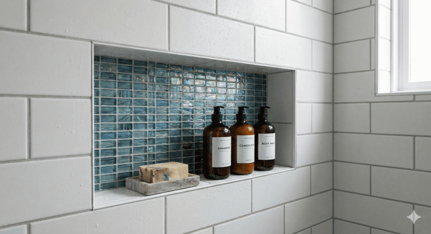Close-up of a tiled shower niche recessed into a white subway tile wall. The niche features a contrasting blue mosaic backing and holds shampoo bottles and soap, demonstrating how built-in storage eliminates the need for protruding wire racks that take up space.