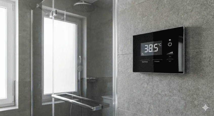 Digital shower control panel mounted outside the shower enclosure, allowing remote temperature adjustment before entering.