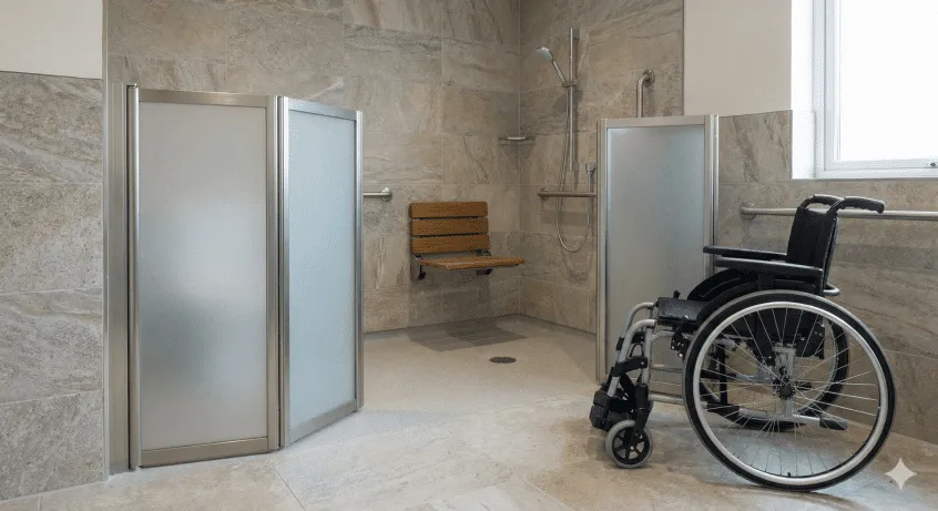 An accessible shower room designed for assisted bathing, featuring half-height frosted doors that open wide for easy wheelchair access. The shower area includes a wall-mounted wooden fold-down seat and safety grab rails, allowing carers to assist comfortably.