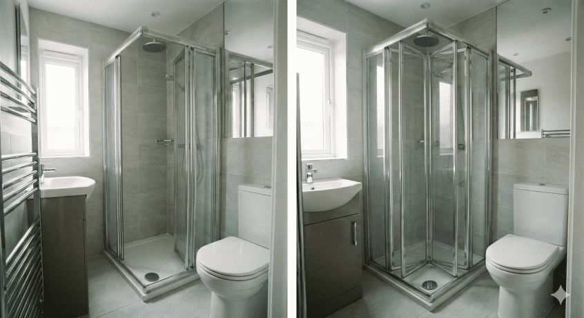 Split view of a compact bathroom corner shower layout. On the left, the glass bi-fold doors are closed for showering. On the right, the doors are folded completely inward against the wall, demonstrating how to maximize floor space and prevent the doors from hitting the adjacent sink.
