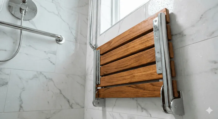 Side view of a stylish wooden fold-down shower seat with chrome brackets, folded flat against a marble tiled wall. The image demonstrates how the seat retracts when not in use to save space in the shower area, combining safety with a luxury spa aesthetic.
