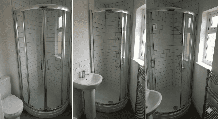 Three views of a quadrant shower enclosure installed in a small ensuite bathroom. The curved, pizza-slice shape of the tray allows the shower to fit tightly in the corner next to a pedestal sink and towel radiator, illustrating how a curved profile saves floor space compared to a square tray.