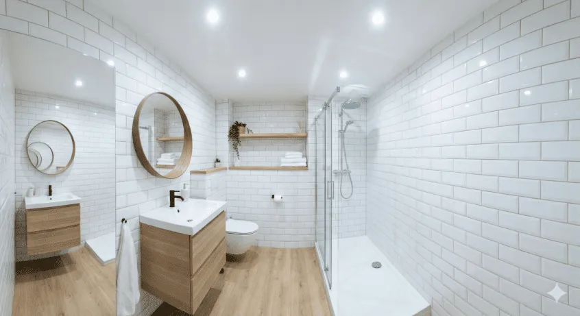A bright, modern Scandi-style bathroom featuring high-gloss white subway tiles and light wood-effect flooring. The combination of reflective white surfaces and warm wood tones creates an airy, spacious atmosphere, ideal for maximizing light in small bathrooms.