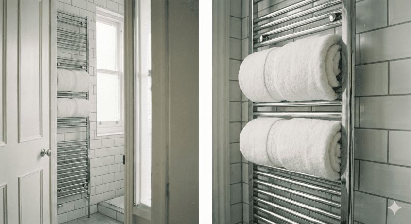 Split view of a floor-to-ceiling vertical chrome heated towel rail installed in a narrow wall space next to a bathroom door. The tall, thin design demonstrates how to provide heating and towel storage in a tight bathroom without occupying wide sections of wall space.