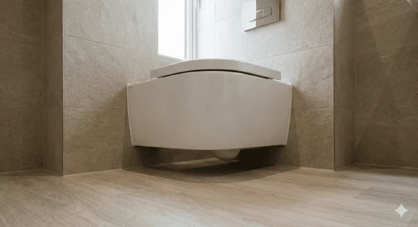 Low-angle view of a white wall-hung toilet with the cistern hidden inside the tiled wall. The toilet pan floats above the wood-effect flooring, showcasing the clear, continuous floor space underneath that makes the room feel larger and easier to clean.