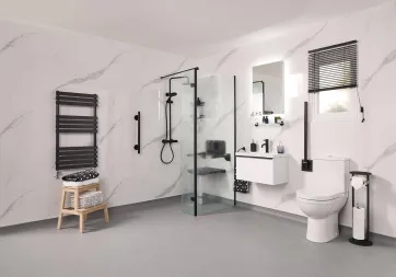 Stylish wet room featuring accessible design for mobility needs.