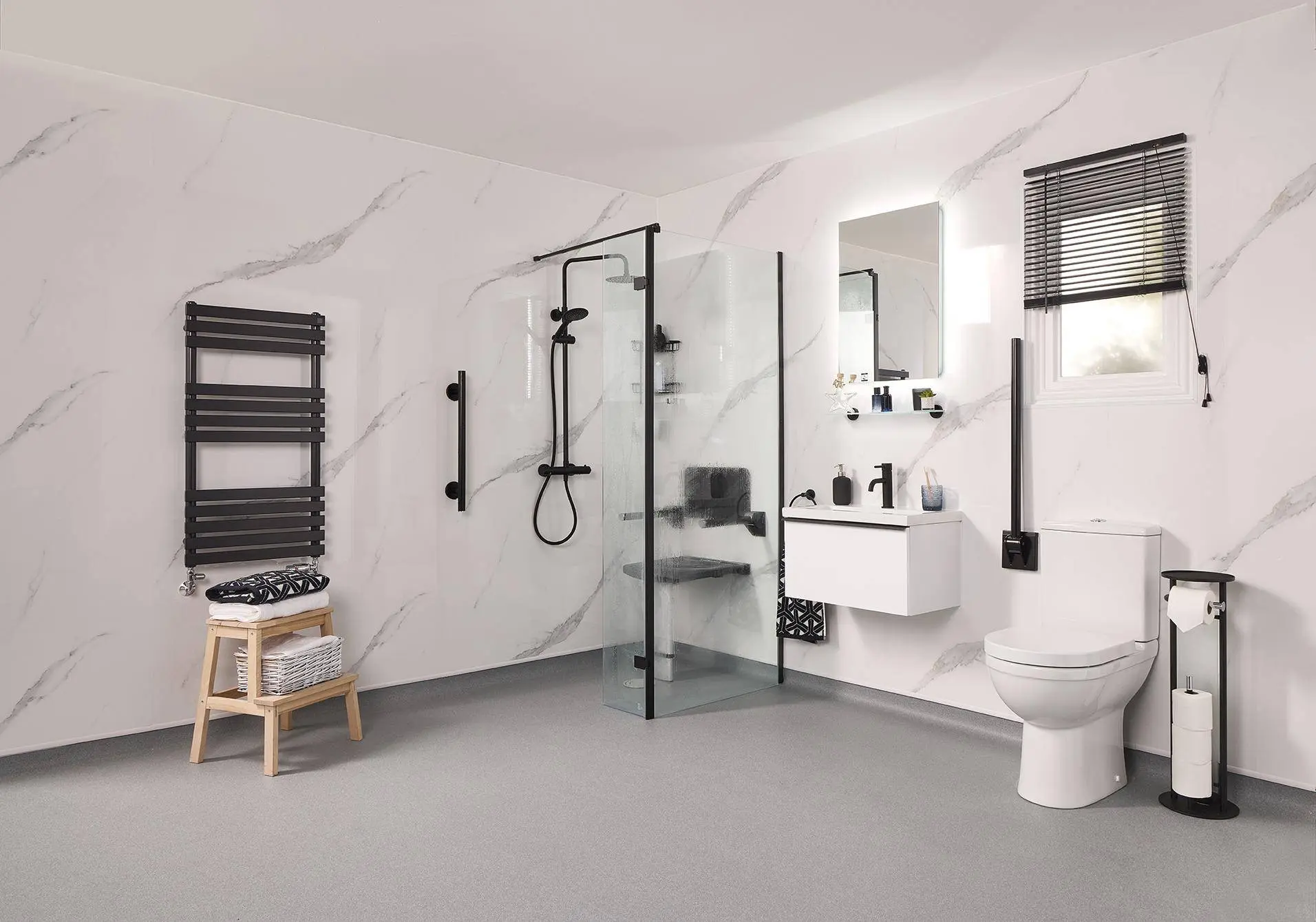 Stylish wet room featuring accessible design for mobility needs.