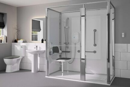 Assisted bathing shower with adjustable showerhead and foldable seat