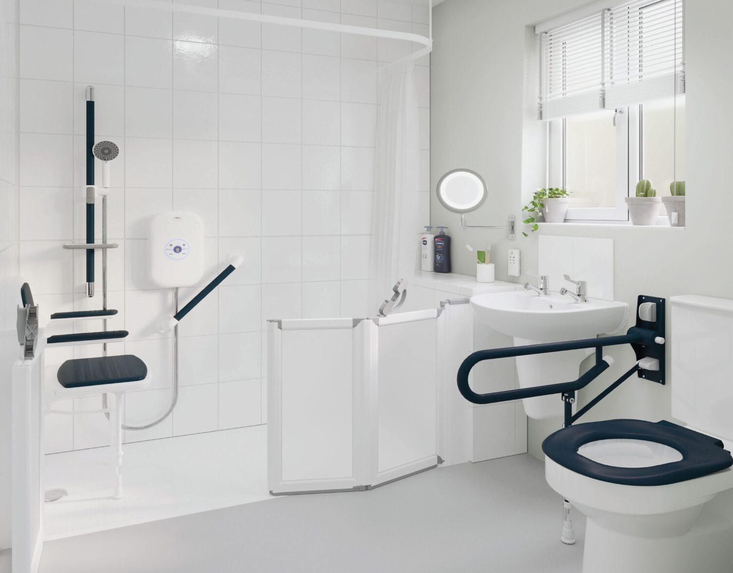 Customisable assisted bathing shower with accessible features tailored to individual needs