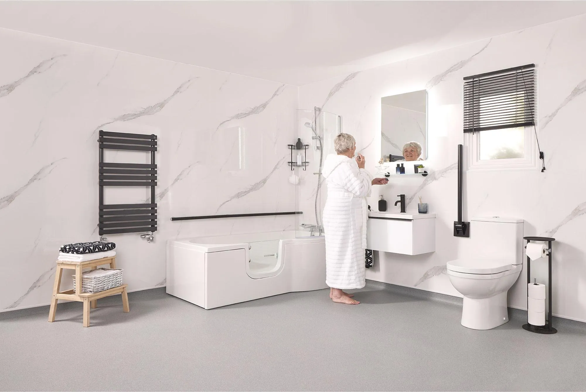 Modern accessible bathroom with a walk-in bath