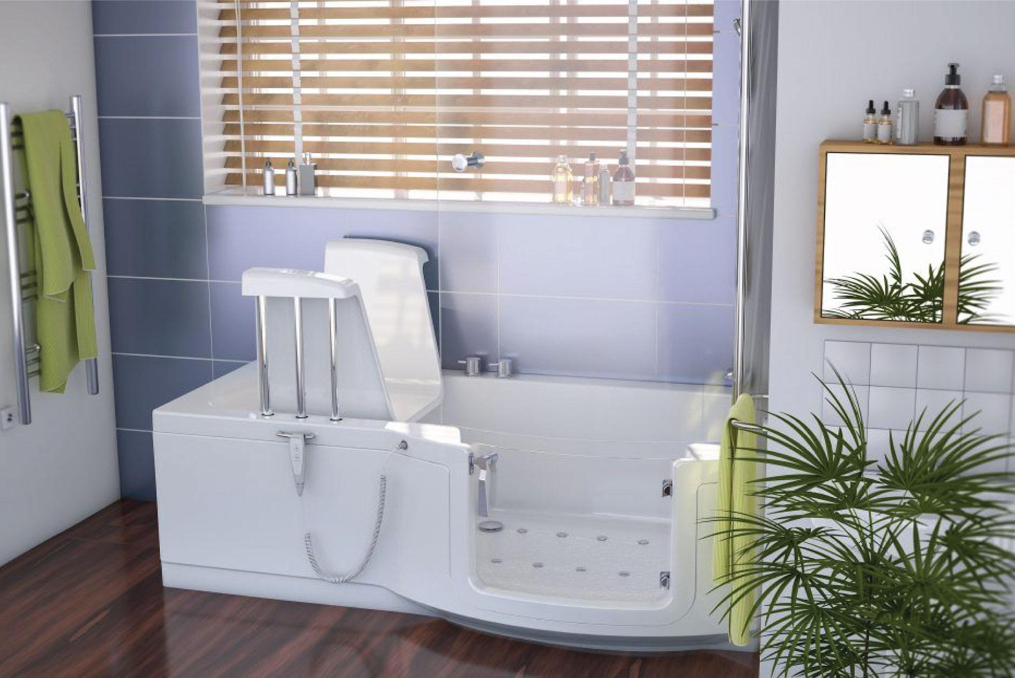 Congham slimline walk-in bath with full-length powered lifting seat.