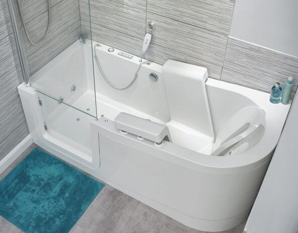 Dersingham small walk-in bath shown with optional comfort and safety upgrades
