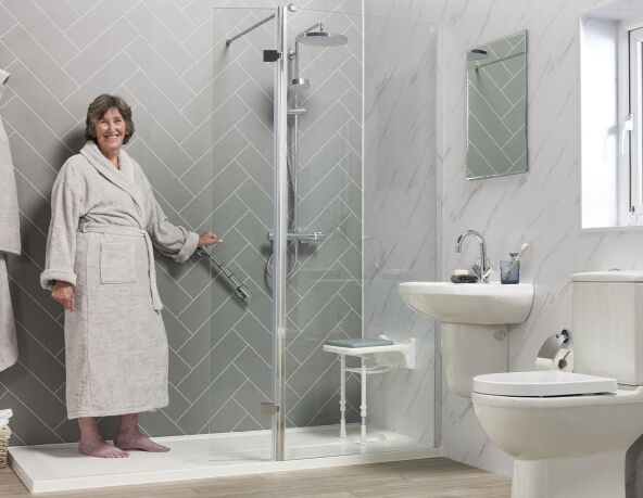 Customisable wet room with accessible features tailored to individual needs.