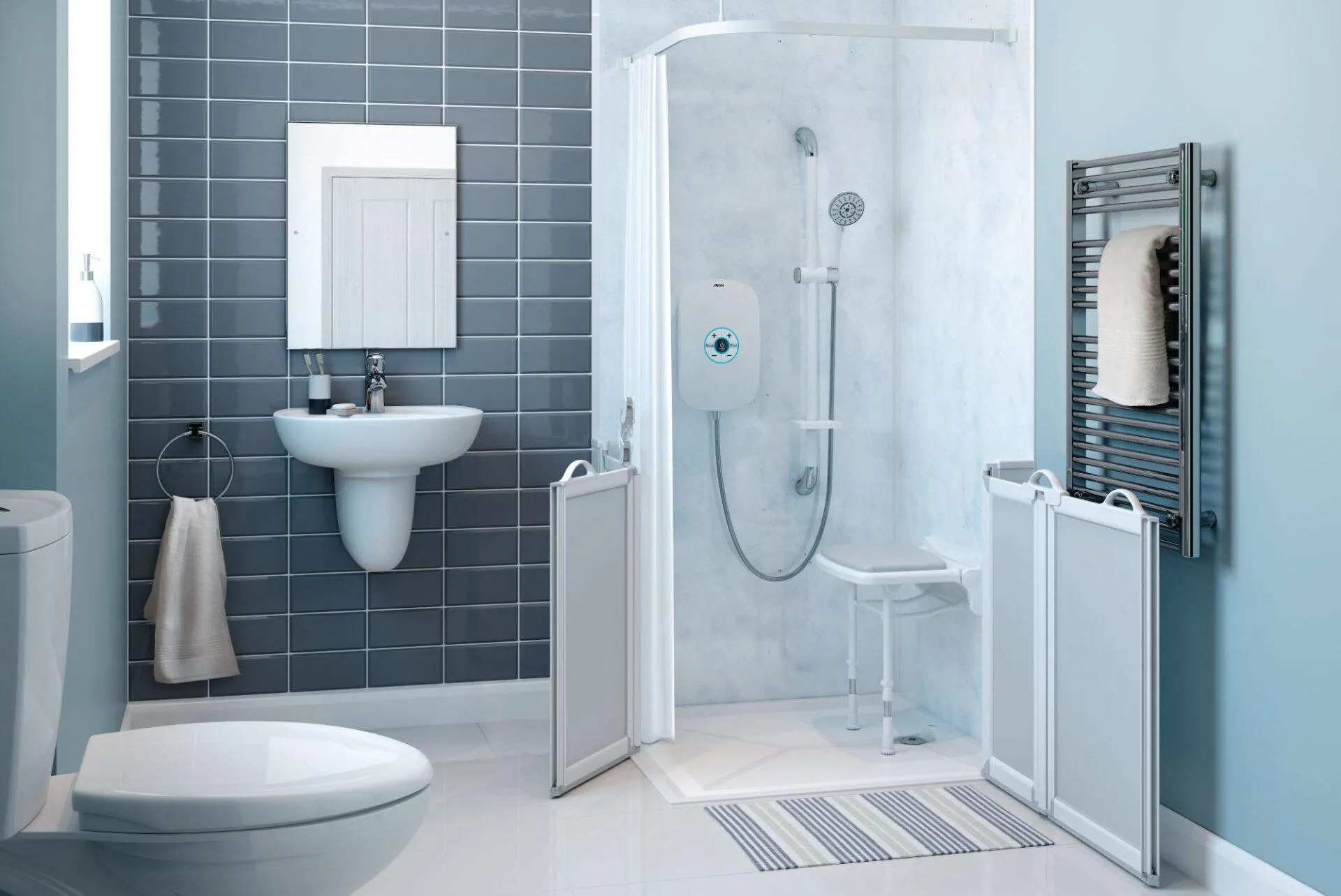 Level access shower installed by EA Mobility