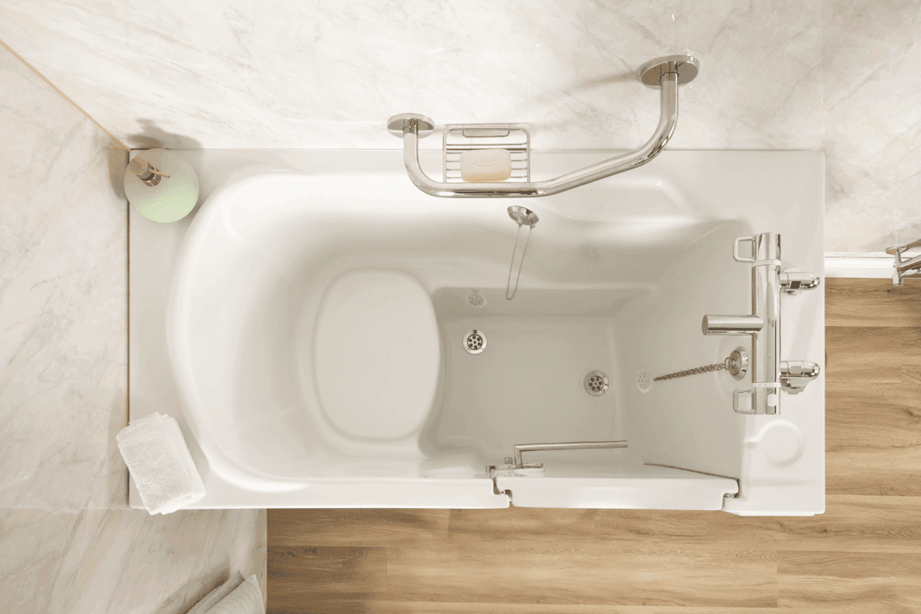Roma and Roma Mini walk-in baths designed with a compact size suitable for small bathrooms.