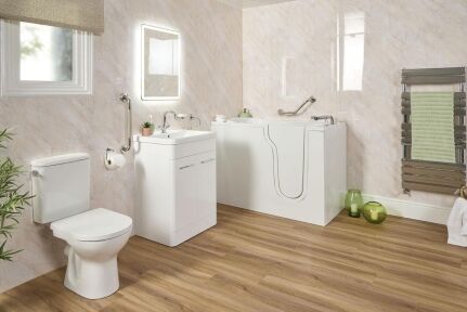 Roma and Roma Mini walk-in baths with contemporary styling for small bathrooms.