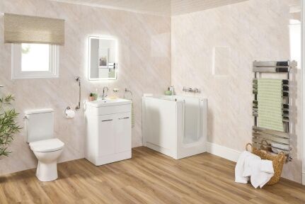 Sevilla mini walk-in bath with a compact design and bifold end-facing door for easy access.
