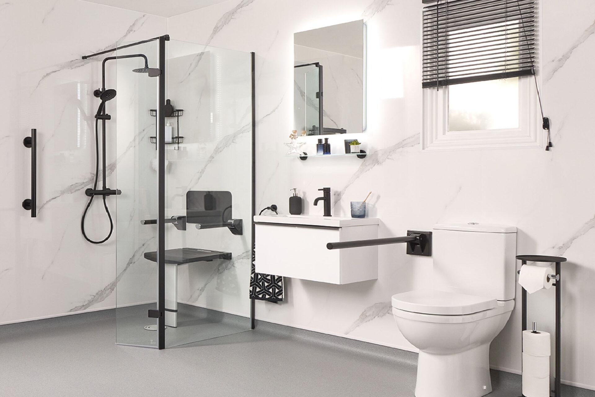 Slip-resistant wet room flooring installed by EA Mobility