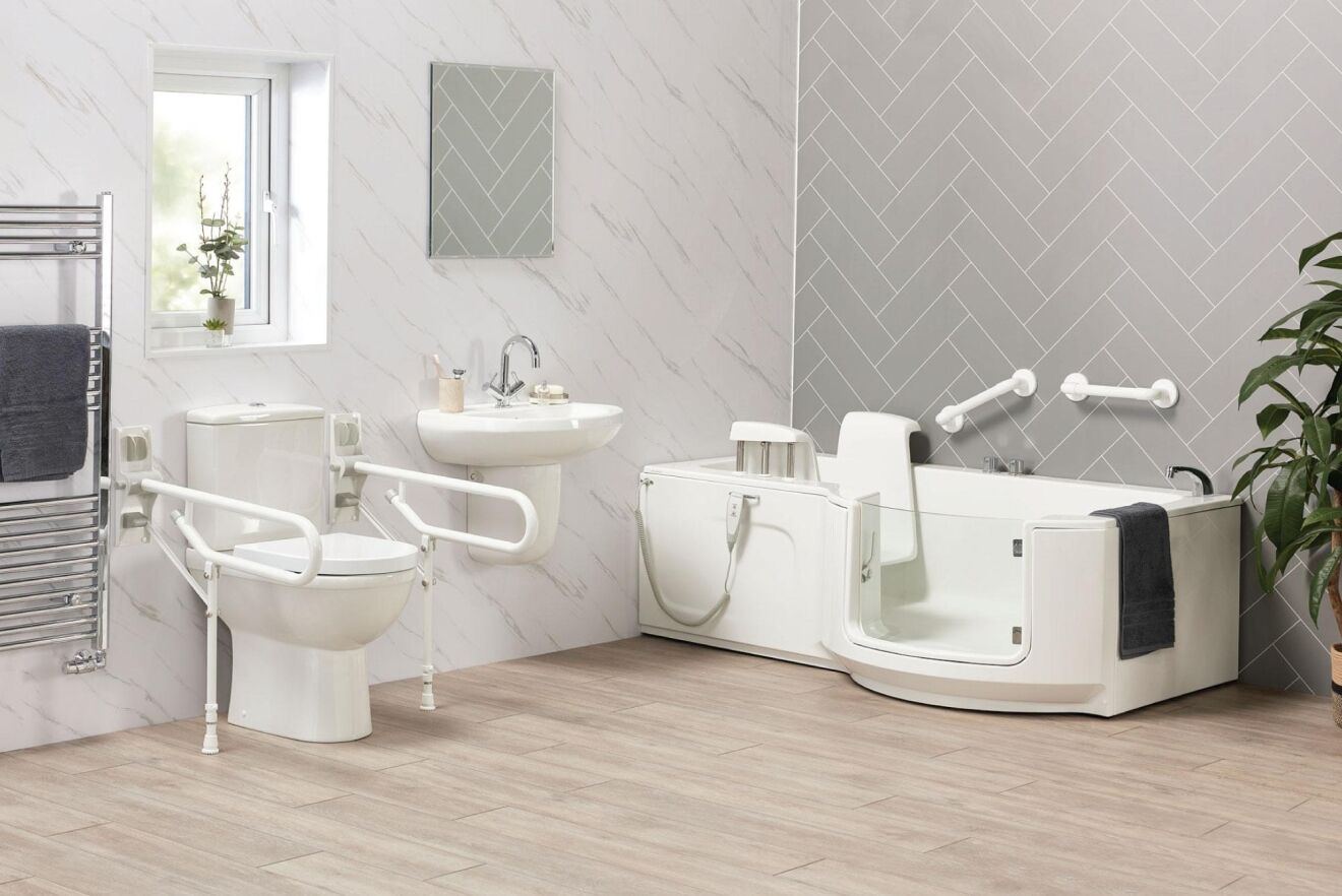 Accessible bath equipped with an electric lift system to assist safe and easy entry and exit.
