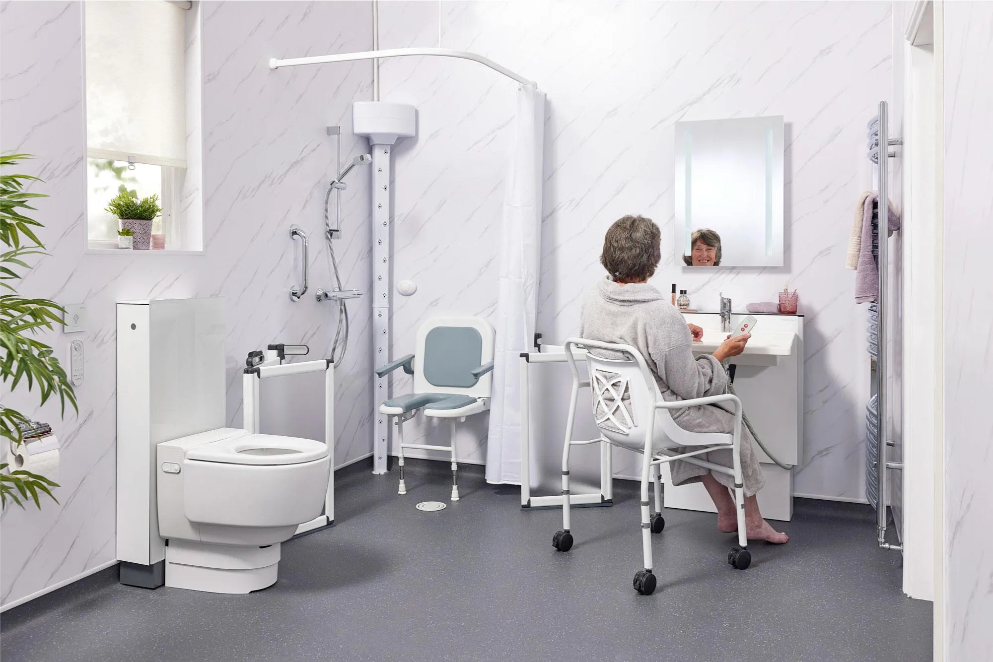 Care home wet room with accessible wash hand basin and user-friendly design