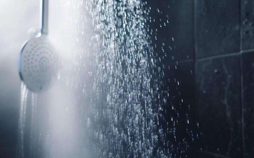 Close-up of water spraying from a rainfall shower head against a dark tiled wall
