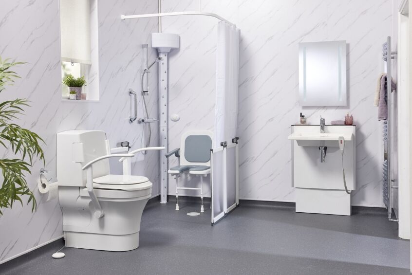 Luxury disabled wet room with Geberit smart toilet and body dryer UK