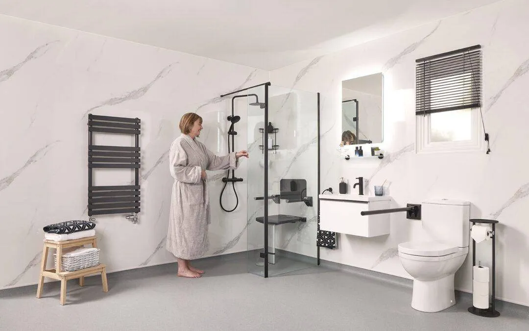 Walk-in shower with built-in seat, grab rails and level access
