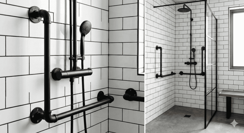 Modern matte black safety grab rails mounted on white subway tiles, creating high-contrast visibility for visually impaired users.