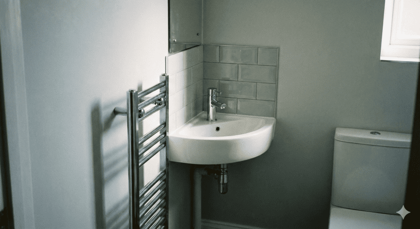 A compact white corner basin mounted in a small bathroom. The basin features a single monobloc mixer tap to maximise washing space and is tucked into the corner, allowing room for a chrome heated towel rail on the adjacent wall.