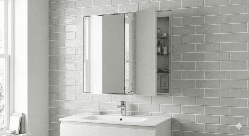 A bathroom mirror cabinet recessed flush into a grey subway-tiled wall above a white vanity unit. One mirrored door is open, revealing internal glass shelving and a built-in shaver socket, illustrating how to combine storage, lighting, and power without encroaching on room space.