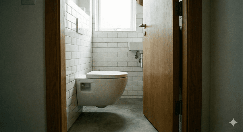 View from a bathroom doorway showing a white short-projection toilet mounted on a subway-tiled wall. The open wooden door swings inward closely past the toilet bowl, demonstrating how a compact toilet design prevents the door from hitting the sanitaryware in narrow rooms.