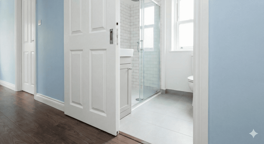 A white wooden sliding pocket door partially open, disappearing into the blue wall cavity. The door reveals a compact bathroom with a shower and vanity, demonstrating how removing the door swing creates clear, obstacle-free access to the room.