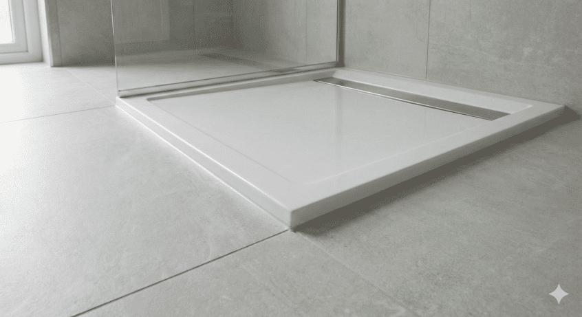 Close-up of a white ultra-low profile shower tray installed on grey bathroom floor tiles. The image highlights the minimal step height of the slimline tray, demonstrating how it reduces trip hazards and creates a sleek, modern look compared to standard raised trays.